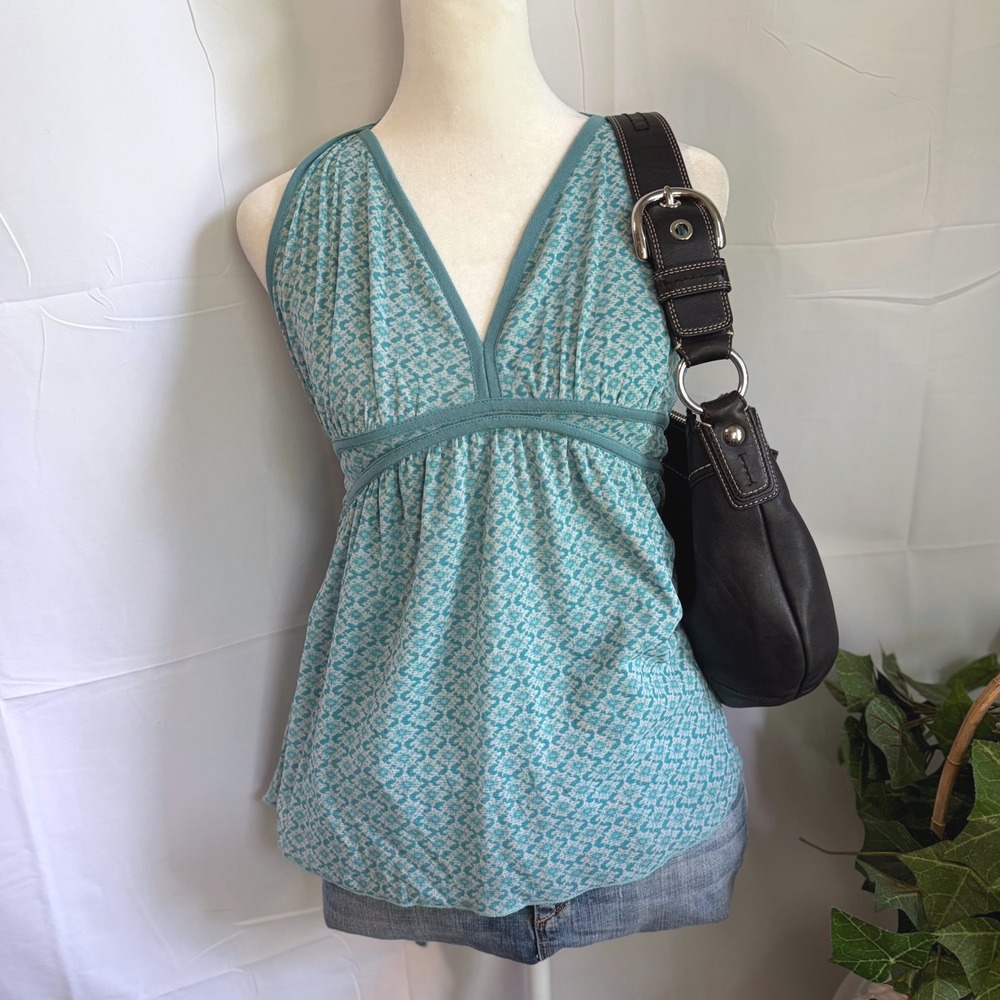 Y2K‎ Babydoll Teal Geometric Mesh Halter Top Empire Waist